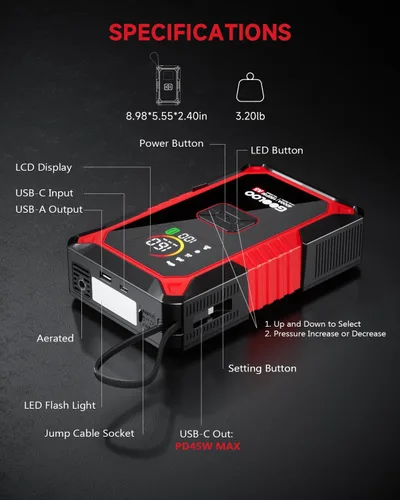 Miniatura 8 de GOOLOO Arrancador de Batería A5 con Compresor de Aire, Arrancador de Batería de Coche de 4000A (Toda Gasolina/10.0L Diésel) con Inflador