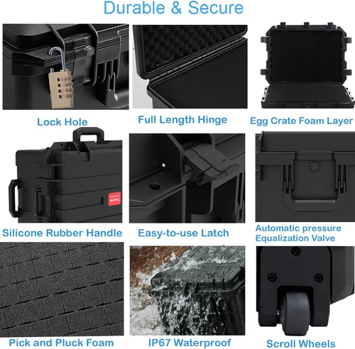 Miniatura 4 de Regetek Funda rígida impermeable, 33 x 21 x 14 pulgadas, funda para equipo con ruedas/espuma personalizable/mango retráctil para electrónica
