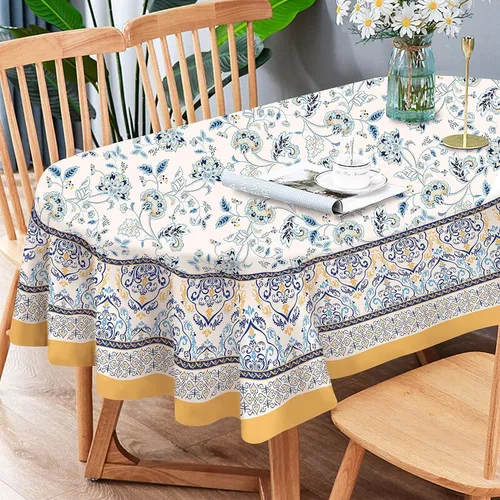 Mantel floral impermeable, mantel de campo francés ovalado azul y amarillo, 54 x 72 pulgadas, resistente a las arrugas y lavable, perfecto para