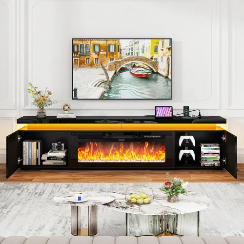 Miniatura 8 de St.Mandyu Soporte de TV con chimenea para TV de 80 pulgadas, soporte de TV LED de 71 pulgadas con chimenea eléctrica de 40 pulgadas y toma