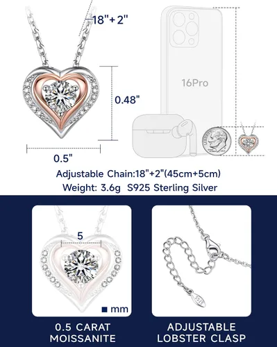 Miniatura 38 de MomentWish Collar de corazón para mujer, moissanita, diamante de imitación, plata de ley 925