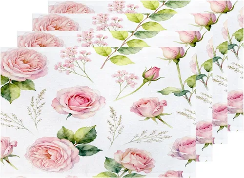Miniatura 61 de Shrahala Hermosos manteles individuales de flores de rosas, hermosas flores, elegantes manteles de lino de arpillera lavable, aislamiento térmico