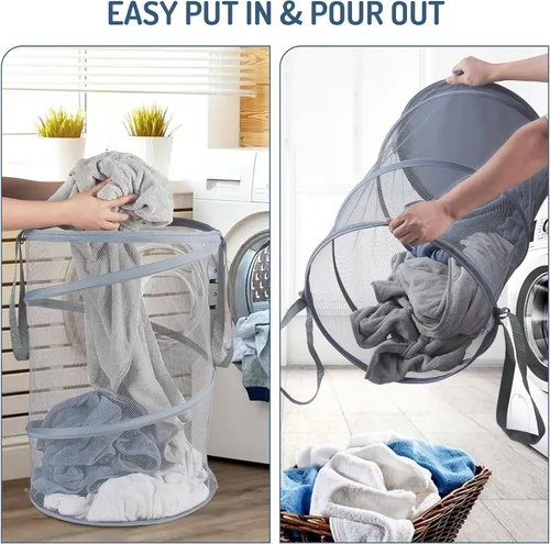 Miniatura 6 de Cesta plegable de malla para ropa sucia de 115 litros, cesta plegable de almacenamiento de ropa de gran capacidad con asas, 26 pulgadas de alto x 18