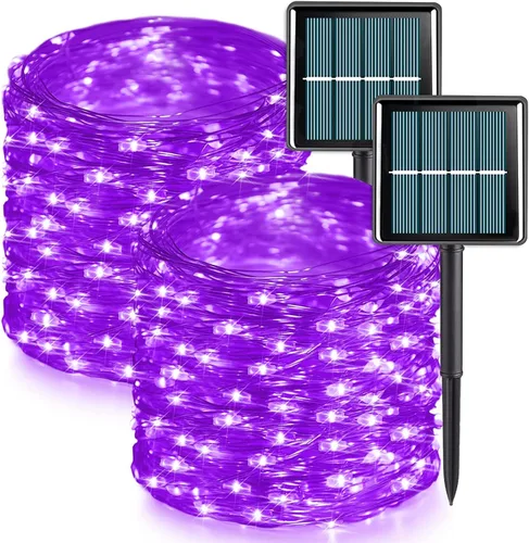 Miniatura 12 de QITONG Guirnalda de luces solares impermeables para exteriores, paquete de 2 unidades de 200 luces LED blancas de Navidad de 66 pies, cable Blanco
