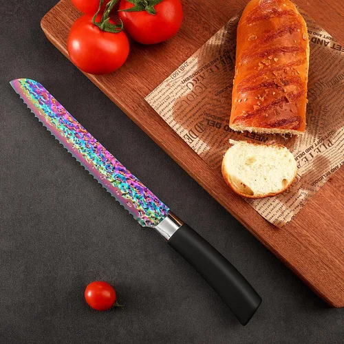 Miniatura 7 de Juego de cuchillos de titanio arcoíris, juego de cuchillos afilados de acero inoxidable con bloque acrílico, afilador, 6 cuchillos de carne, juego