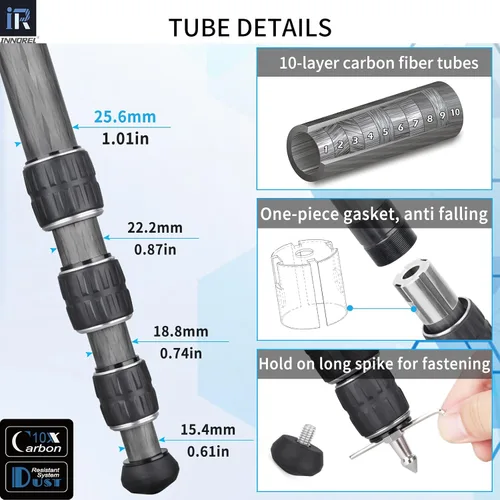Miniatura 5 de Trípode de fibra de carbono Monopod INNOREL KT254C Trípode de viaje compacto portátil profesional para soporte de cámara DSLR, soporte de tubo