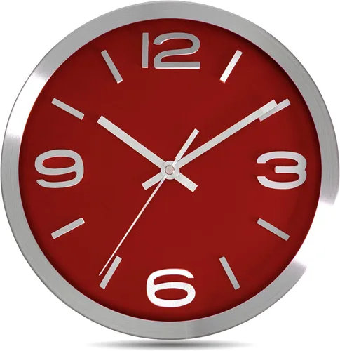 Bernhard Products Reloj de pared de metal, moderno, plateado y vino, 10 pulgadas, silencioso, sin tictac, redondo, color rojo, elegante, cuarzo,