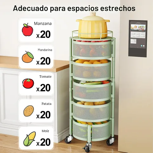 Miniatura 7 de SAYZH Cesta de frutas y verduras para cocina, estante de almacenamiento giratorio, carrito rodante de 5 niveles con tapa superior, ruedas de alambre