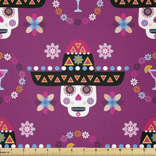 Miniatura 99 de Ambesonne The Yard, tela de calavera colorida con temática de Halloween, diseño de calavera y huesos cruzados, divertido estampado de dibujos