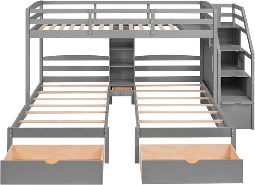 Miniatura 7 de Bellemave Literas triples con escaleras de madera, tamaño individual sobre dos literas individuales con cajones de almacenamiento y estantes