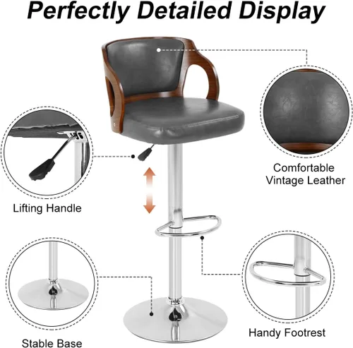 Miniatura 4 de Juego de 2 taburetes de bar modernos de piel sintética con base resistente, respaldo, acolchado para cocina, pub, comedor, cafetería