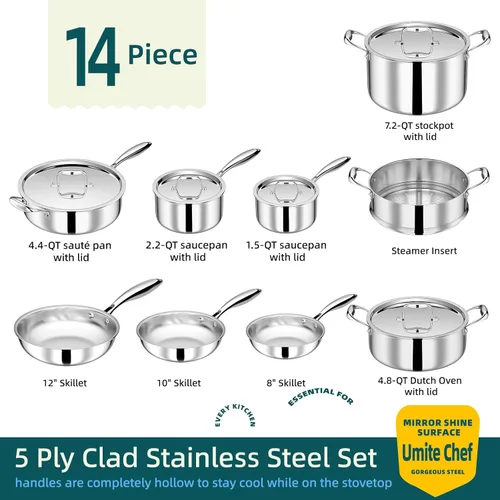 Miniatura 6 de Umite Chef Juego de utensilios de cocina de acero inoxidable, 5 capas de 14 piezas de acero inoxidable para ollas y sartenes de inducción, calidad