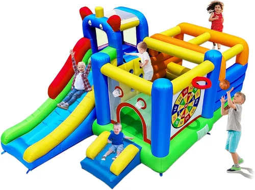 Casa de rebote inflable HuaKastro - Área de juego inflable con obstáculo de barra transversal en gran área de rebote, 1x tobogán alto y 1x pequeño,