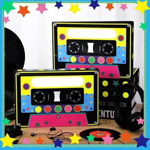 Miniatura 3 de Fuyoooo 4 cajas de recuerdos de fiesta de los años 80 y 90 de 16 x 10 pulgadas, cajas grandes de regalo de cassette, cinta de casete de boom