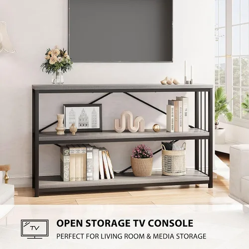 Miniatura 7 de LVB Mesa de Entrada Estilo Granja, Mesa Consola de Metal y Madera para Pasillo, Mesa de Sofá Rústica Industrial con Estante de Almacenamiento de 3