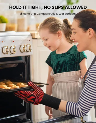 Miniatura 3 de GEEKHOM Guantes de horno ignífugos resistentes al calor: Certificado EN407 para 1472 °F, guantes de silicona flexibles de 13 pulgadas para hornear