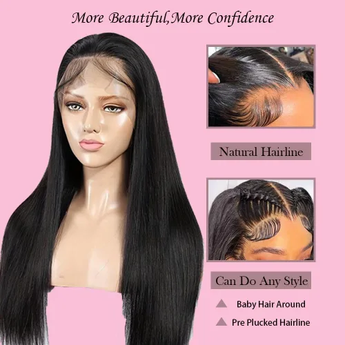 Miniatura 6 de Peluca de encaje frontal de 13 x 4 pulgadas, cabello humano lacio de 34 pulgadas, línea de cabello natural prearrancada, sin pegamento, densidad 180