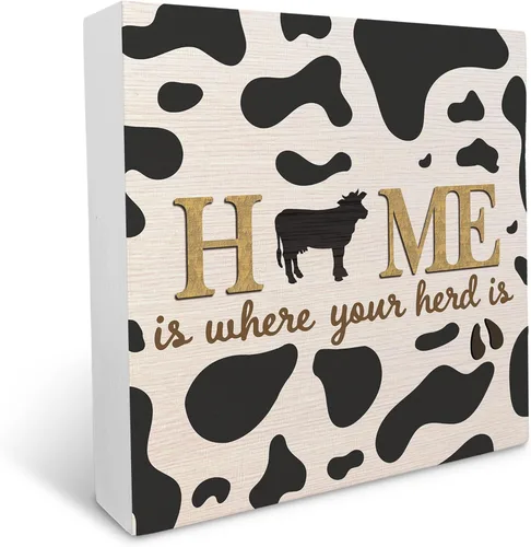 Cartel de madera con estampado de vaca, decoración de caja de madera con texto en inglés "Farm Inspiration" con texto en inglés "Farm Inspiration"