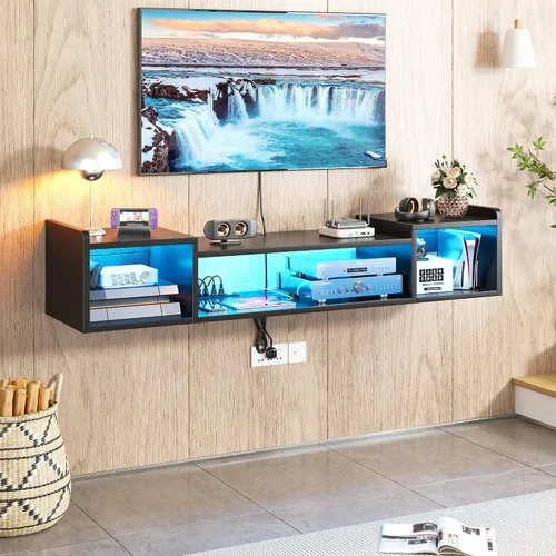 Miniatura 9 de Romorgniz - Soporte de TV flotante de 55.1 pulgadas de ancho con luces LED y tomas de corriente para televisores de 50, 55, 60, 65 pulgadas, centro