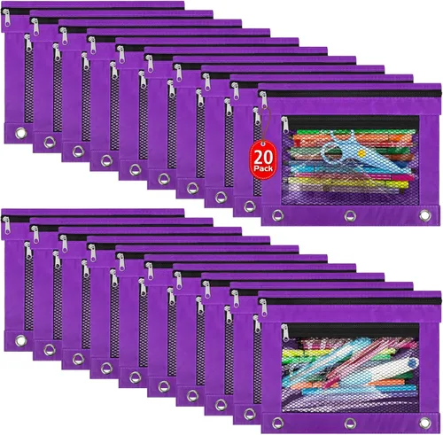 Miniatura 9 de Paquete de 20 bolsas para lápices para carpetas de 3 anillos con cremallera, bolsas para lápices para aula, bolsa a granel para lápices, estuche