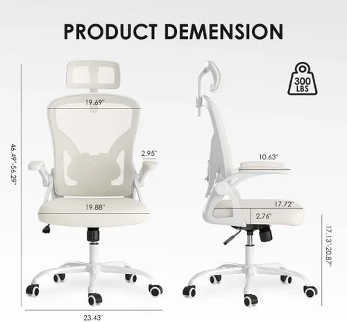 Miniatura 2 de Silla de oficina ergonómica con soporte lumbar ajustable y reposacabezas, silla de escritorio de malla de respaldo alto con reposabrazos abatibles
