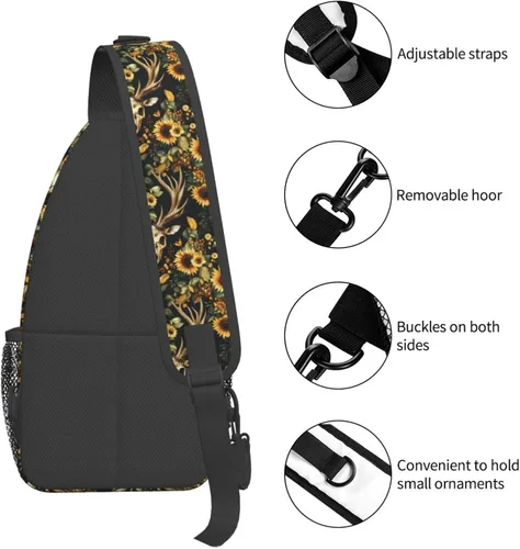 Miniatura 3 de Small Crossbody Bags for Women Men - Vintage Deer Skull Sunflowers Print Adjustable Shoulder Bag Fanny Packs Belt Sling Bag Crossbody Purses