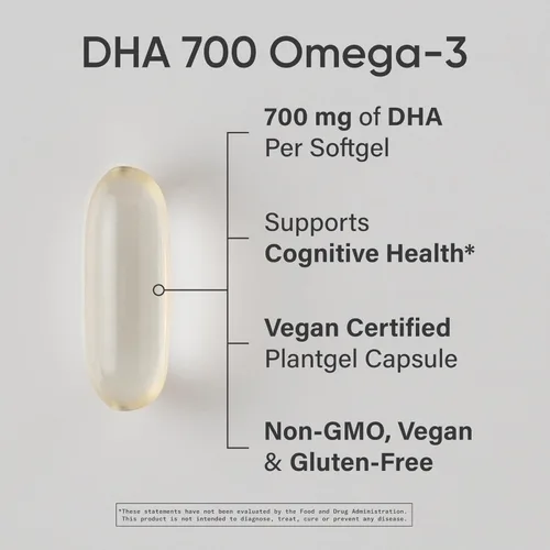 Miniatura 2 de Sports Research® DHA vegano 700mg – Apoyo cognitivo, apoyo cerebral, suplemento con Omega-3 DHA de aceite de algas – Certificado vegano · Sin OMG ·