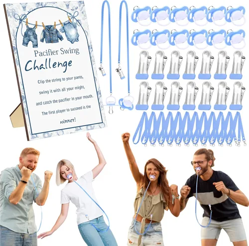 Miniatura 20 de Geelin Juego de 12 juegos de chupete con columpio para baby shower, juegos divertidos de revelación de género, incluye 1 letrero de madera y 12
