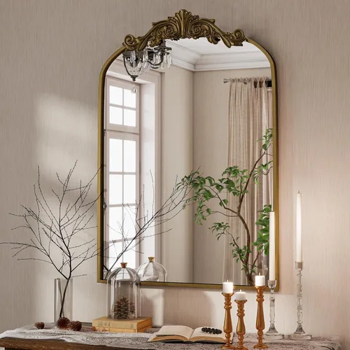 Miniatura 5 de Dewfig Espejo de pared arqueado antiguo, espejo de baño dorado vintage de 24 x 36 pulgadas, espejo de latón con marco de metal barroco para sala