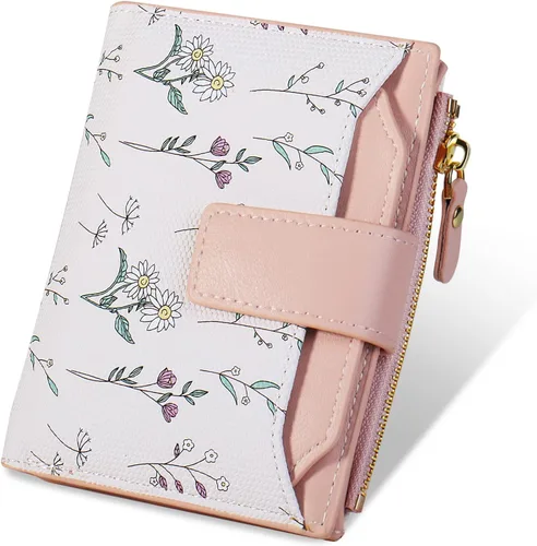 Miniatura 9 de Cartera Pequeña para Mujer - Cuero Suave con Bloqueo RFID Bifold con Cremallera para Tarjetas de Crédito - Cartera con Patrón Floral con Ventana