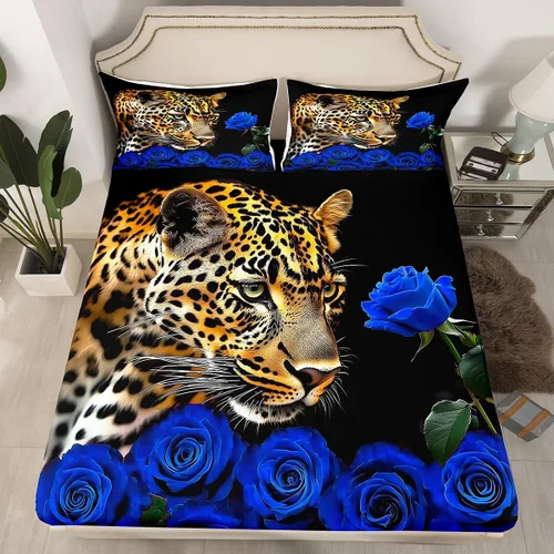 Miniatura 20 de Erosebridal Juego de sábanas bajeras de rosas rojas y leopardo, tamaño individual, diseño de animales africanos salvajes, diseño de plantas