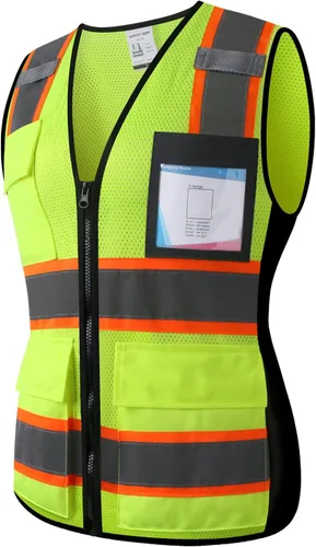 Miniatura 5 de Chaleco de seguridad reflectante para hombres y mujeres con 5 bolsillos y cierre frontal, chaleco de malla de alta visibilidad para construcción