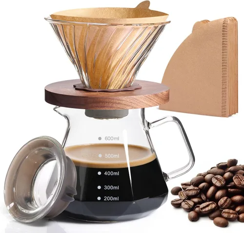Miniatura 11 de Cafetera de Goteo 14 OZ, 4 Tazas Cafetera de Vidrio de Borosilicato con Filtro de Acero Inoxidable Reutilizable y Empuñadura de Corcho para Café