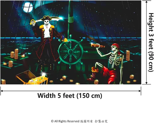 Miniatura 2 de Cheerland Telón de fondo de tela para fiesta de cumpleaños de pirata, decoración de Halloween, esqueleto de cráneo, piratas, cartel de puerta