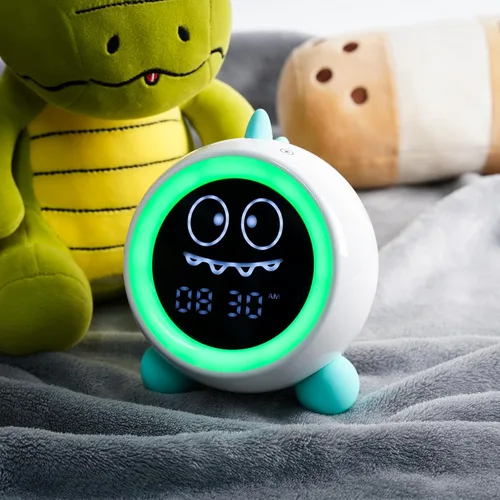 Miniatura 5 de Reloj despertador para niños, reloj de entrenamiento para dormir con luces nocturnas, máquina de sonido, reloj despertador de dinosaurio para niños