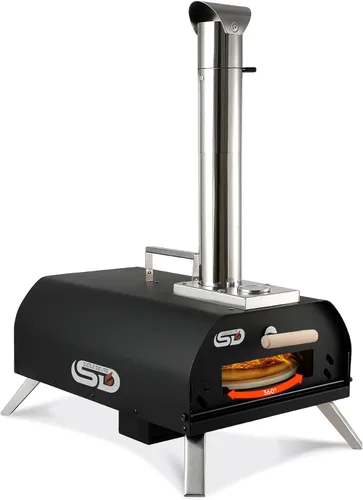 SizzleDelite Horno de pizza para exteriores, pellets de madera, piedra redonda de pizza de 12", portátil de leña con termómetro integrado, estufa de