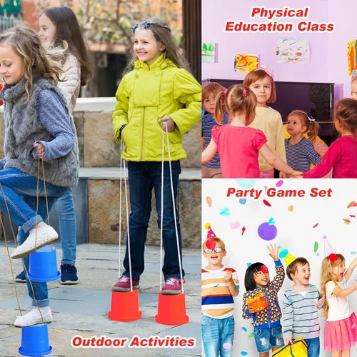Miniatura 7 de Meooeck 2 pares de zancos para caminar, cubo de equilibrio, zancos de plástico grueso con cuerda ajustable para coordinación de equilibrio de niños