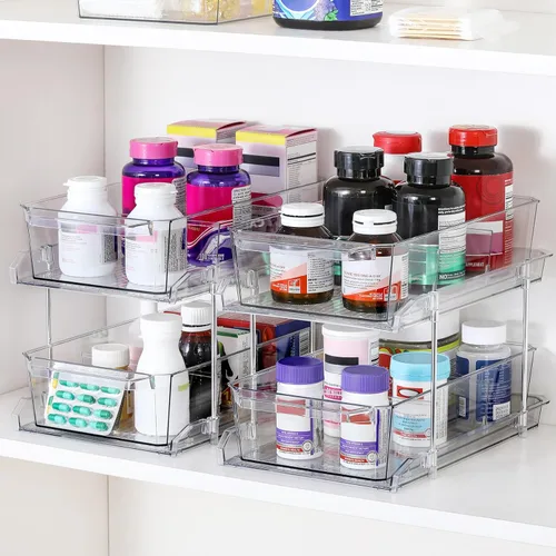 Miniatura 4 de Organizador transparente de 2 niveles con separadores para gabinete, estante, encimera - Contenedor de almacenamiento deslizable multiuso - Cajones
