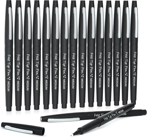 Lelix Bolígrafos de punta de fieltro, paquete negro de 15 unidades, punta media de 0.7mm, marcadores de punta de fieltro para diario, escritura,