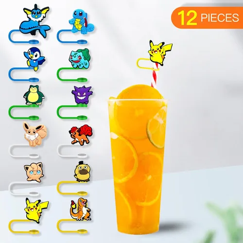 Miniatura 3 de 12 piezas de cubiertas para pajitas con tapa para vasos, lindo tapón de pajita de dibujos animados, cubiertas de punta de pajita de silicona