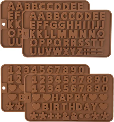 4 moldes de silicona para chocolate, moldes de silicona para letras y moldes de chocolate con números con símbolos de decoración de pasteles de