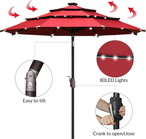 Miniatura 6 de EliteShade USA - Sombrilla solar de 9 pies / 2.74 metros, de 3 niveles, con 10 años sin decoloración, 80 luces LED para patio, mesa al aire libre