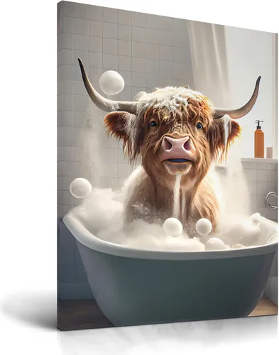 Miniatura 17 de UPWOIGH Decoración artística para pared de baño, arte divertido de pared con diseño de gato negro Are You Pooping, lienzo enmarcado de madera
