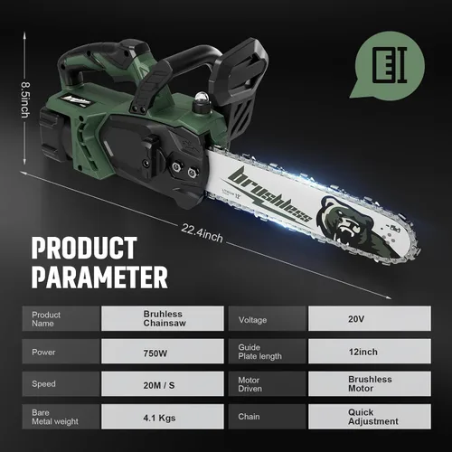 Miniatura 2 de Motosierra sin escobillas de 12" de 20V, motosierra eléctrica inalámbrica, motosierra portátil de mano, motosierras para poda de ramas y corte