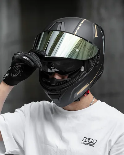 Miniatura 8 de ILM Cascos de motocicleta de cara completa para adultos, hombres y mujeres, doble visera Powersports Motorbike Street Racing 619 (negro dorado, S)
