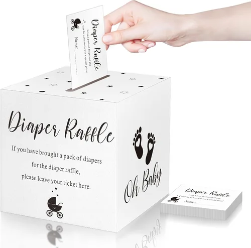 Miniatura 16 de Funrous 51 boletos para rifa de pañales con caja para invitaciones de juegos de baby shower, tarjeta de rifa de pañales para revelación de género