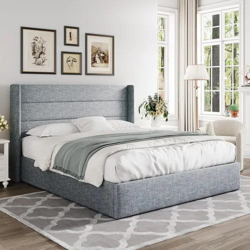Miniatura 8 de Allewie Cama de Almacenamiento Elevable Tamaño Completo, Cabecera Moderna Wingback, Soporte Hidráulico, No Necesita Somier, Azul Gris Gris azulado