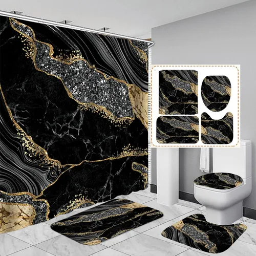 Juego de 4 piezas de cortinas de ducha de mármol, juegos de baño modernos con cortinas de ducha, alfombra para tapa de inodoro, tapete de contorno y