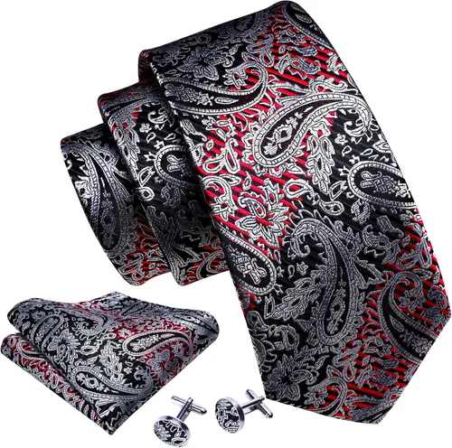 Miniatura 212 de Barry.Wang - Juego de corbata de seda para hombre, diseño de cachemira, pañuelo y gemelos de bolsillo
