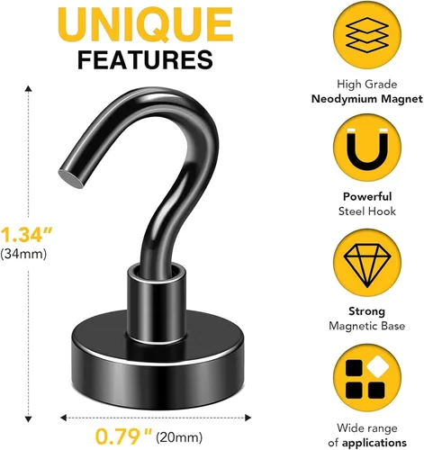 Miniatura 2 de DIYMAG - Ganchos magnéticos negros, imán resistente de 50 LB, 6 paquetes de imanes fuertes de neodimio de tierras raras con gancho para colgar